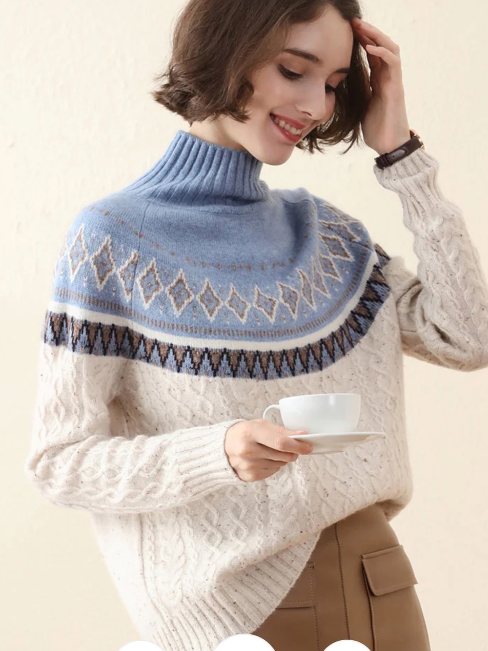 Como Boco Cashmere Cream Women Knit Sweater Soft Blue Fair Isle Yoke XL Luxury